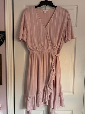 Light Pink Wrap Midi Dress with Ruffle Detail
